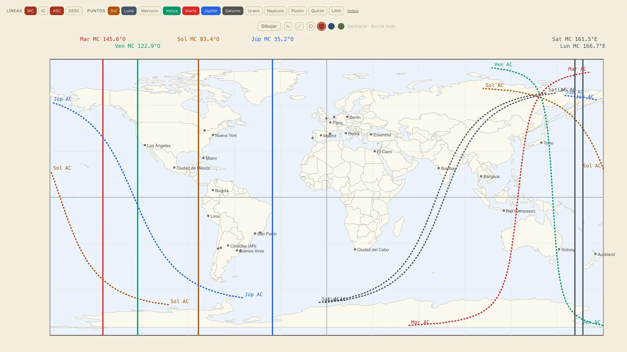 Mapa del mundo con las líneas planetarias de una carta y las ciudades de referencia